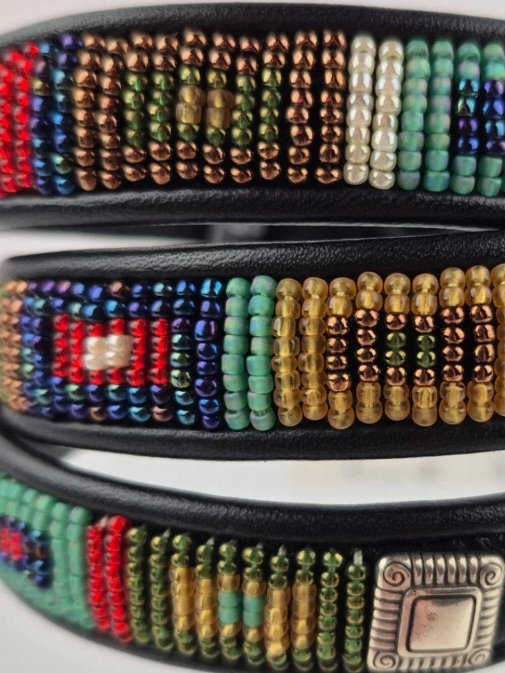 Vintage Brighton Black Leather Belt Multicolored Seed Bead Inlay M/L 32